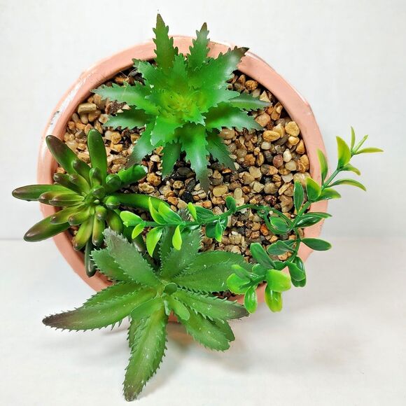 Modern Coastal Geometric Tribal Pattern Planter Pot w/ Faux Succulent Mix Peach - Picture 7 of 15